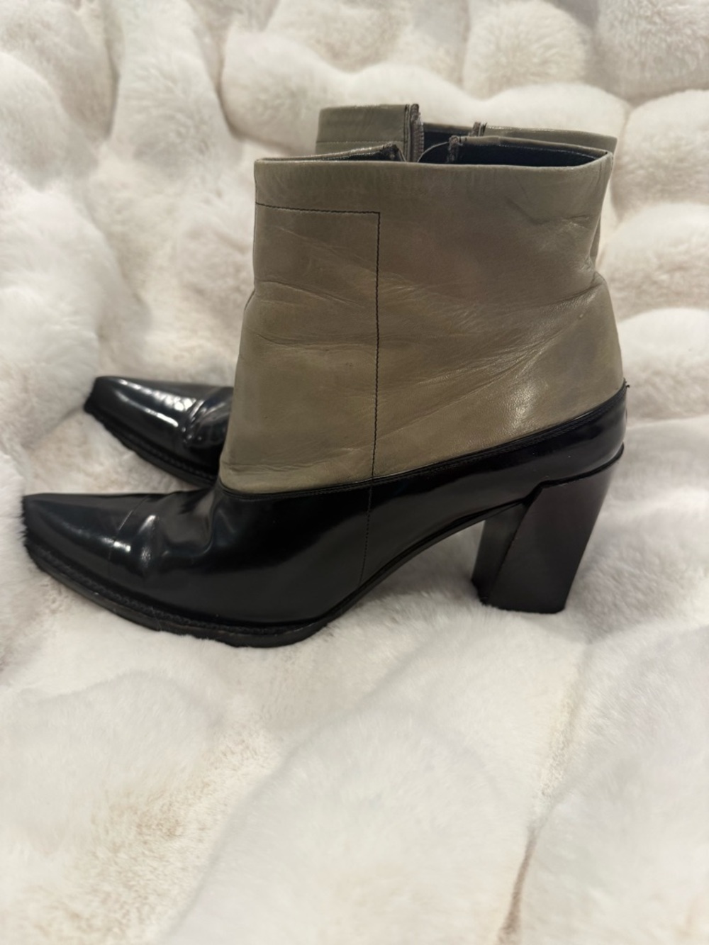 Prada Two-Tone Black and Taupe Pointed Ankle Boots - Picture 2 of 6